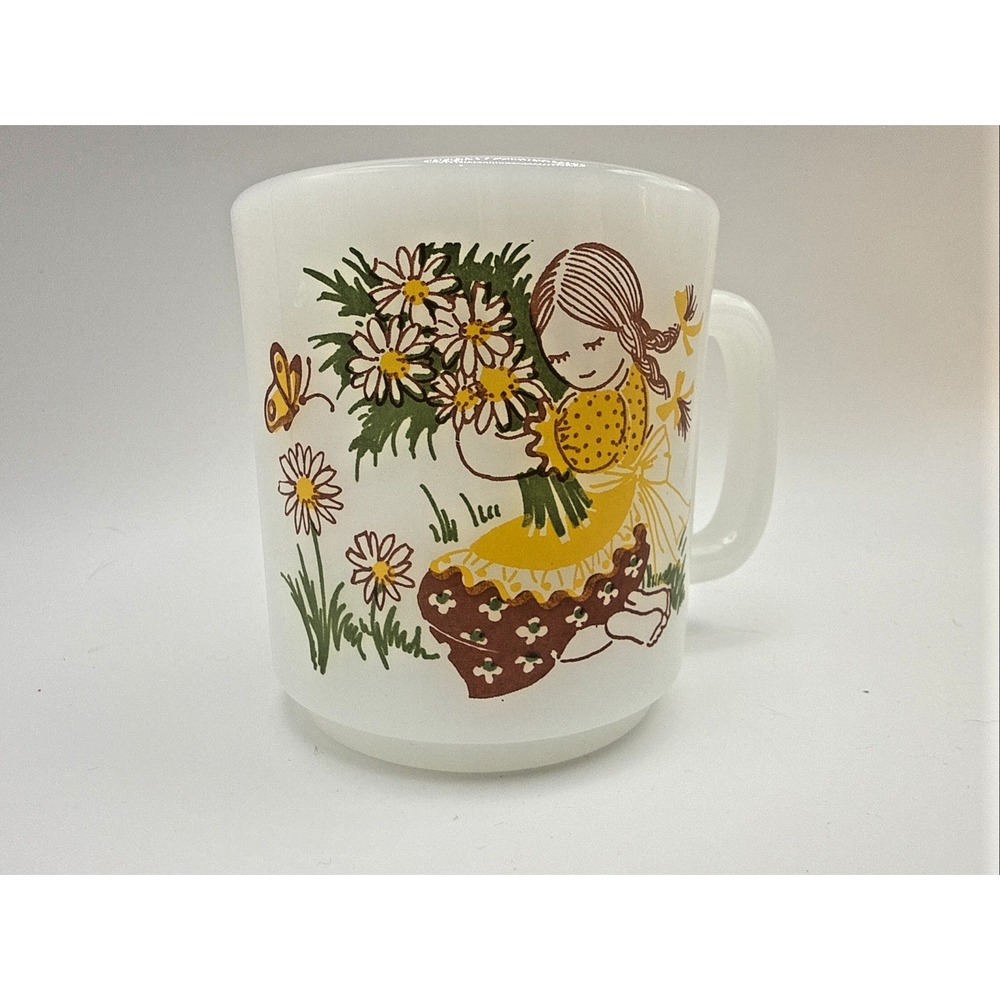 Vintage Glasbake Milk Glass Mug Girl With Flowers Life Is A Mystery To Be Lived